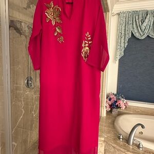 Red Dress with Gold Floral Embroidery